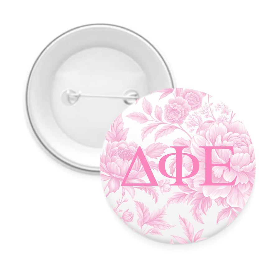 Sorority Pin Back Buttons with Peony Greek Letter Design