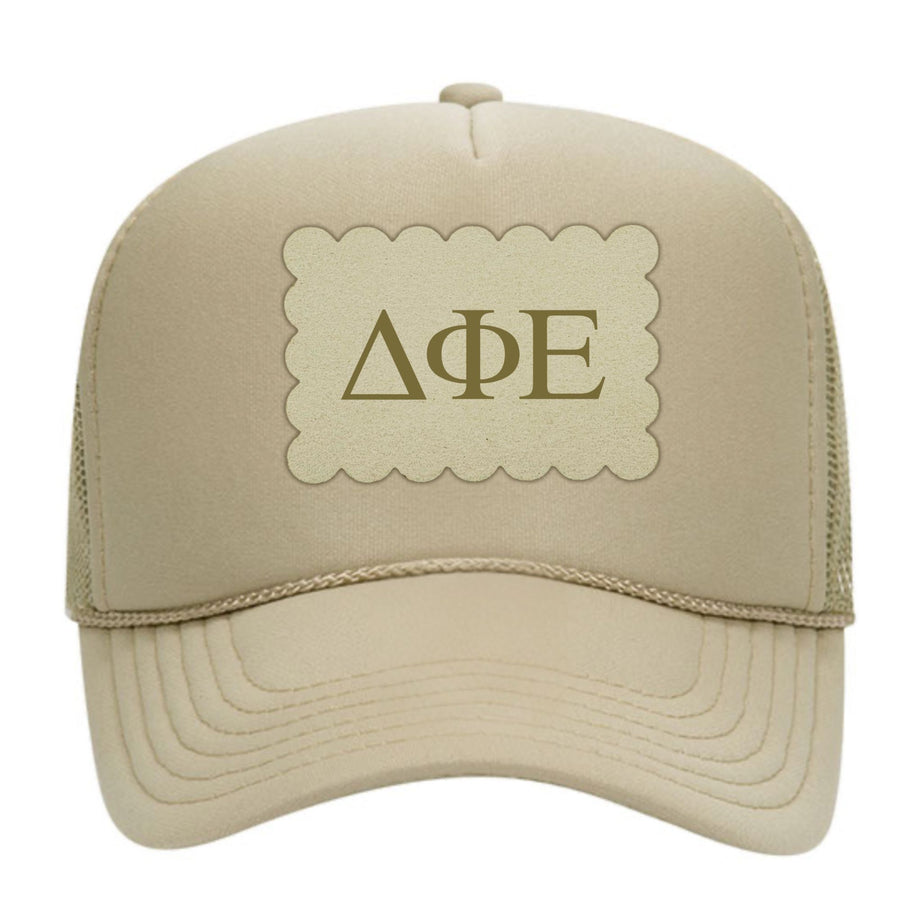 Sorority Trucker Hats with Scalloped Faux Suede Patch