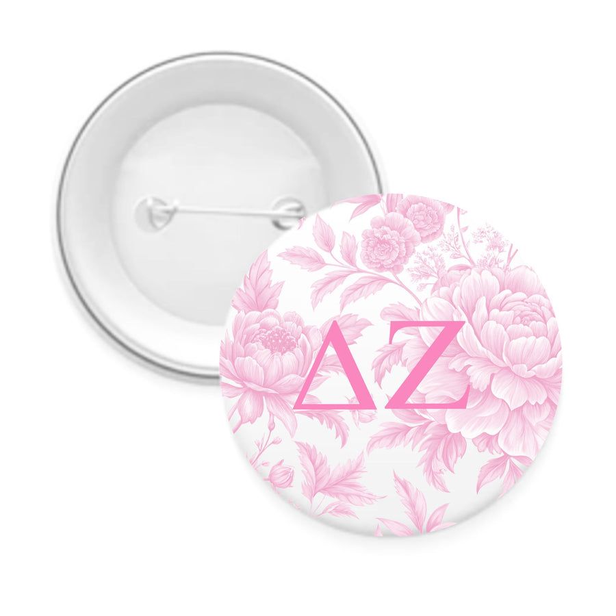 Sorority Pin Back Buttons with Peony Greek Letter Design