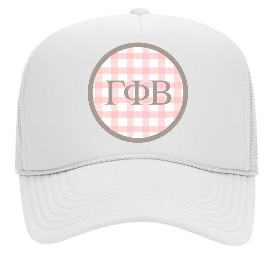 Alpha Xi Delta Sorority & Sorority Mom Greek Letter Hats with Gingham Design in Sorority Colors