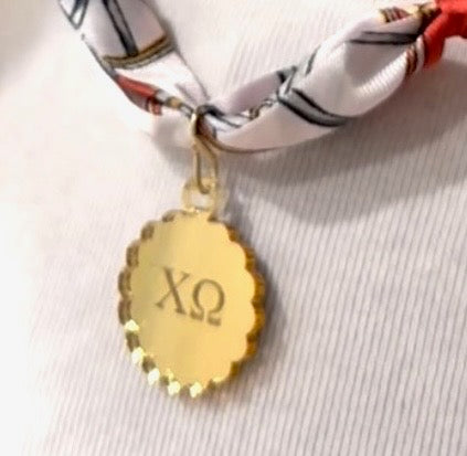 Chi Omega Round Scallop Bouquet Charm - Scarf Tie Option