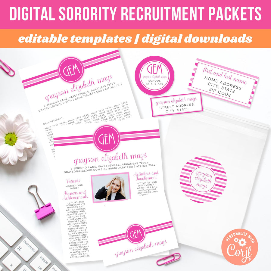 Sorority Recruitment Packet: Monogram Resume Templates (Digital Download)