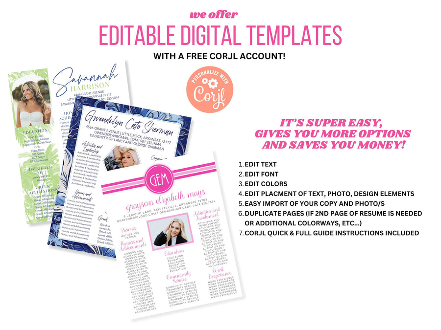 Sorority Recruitment Packet: Monogram Resume Templates (Digital Download)