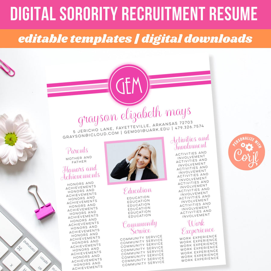 Editable Sorority Resume Template: Monogram Recruitment Resume (Digital Download)