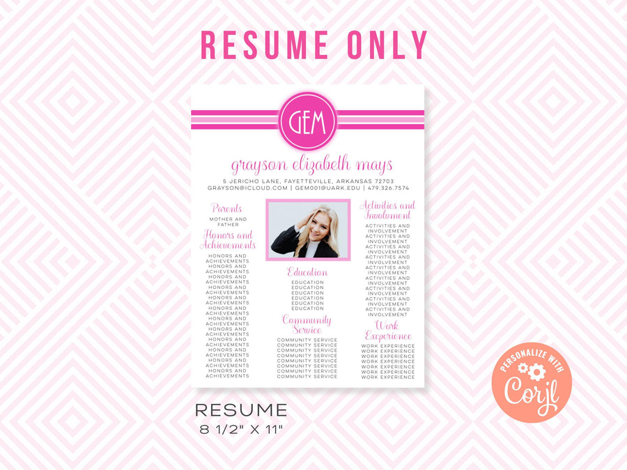 Editable Sorority Resume Template: Monogram Recruitment Resume (Digital Download)