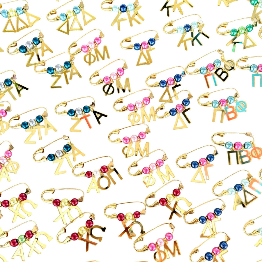 Sorority Beaded Pins with Mirrored Gold Greek Acrylic Charms