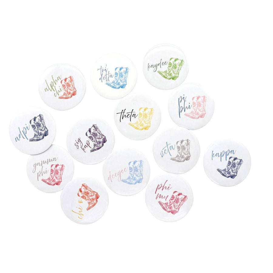 Sorority Pin-back Buttons - Toile Cowboy Boot with Greek Script