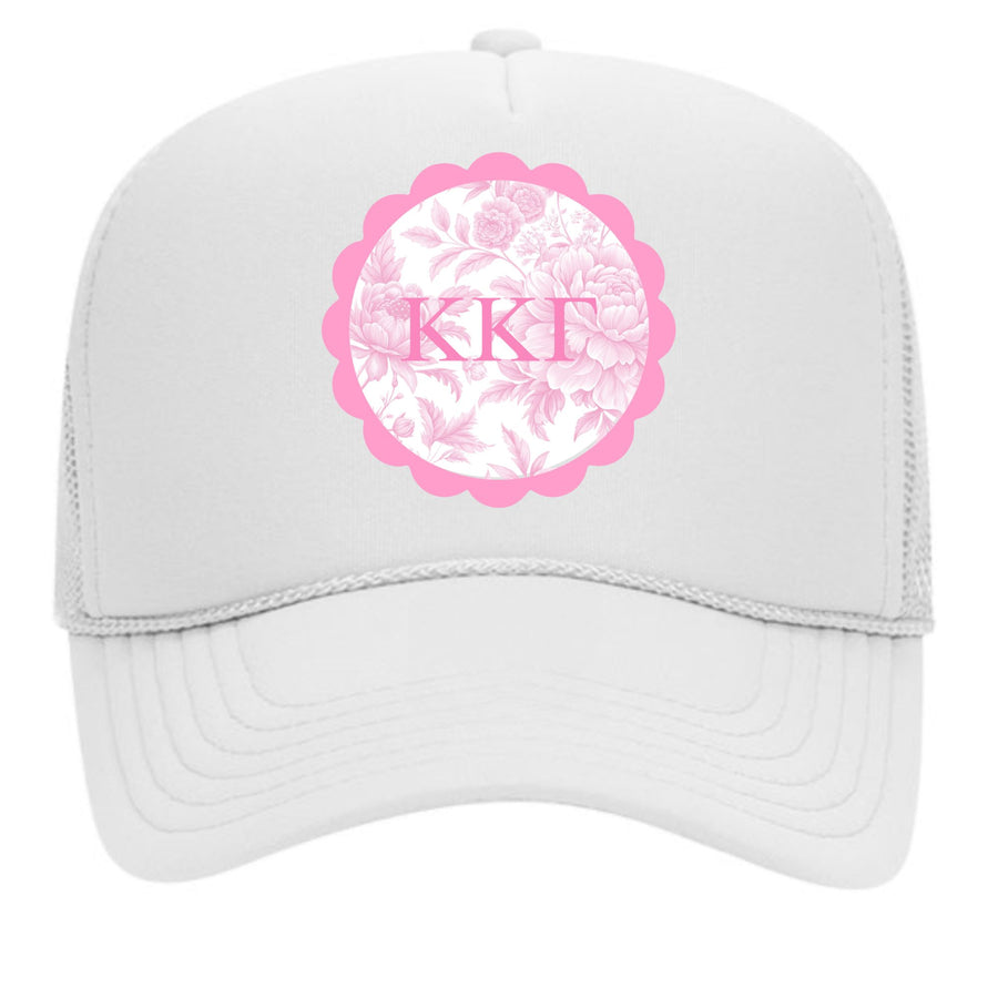 Alpha Epsilon Phi Sorority Greek Letter Hats with Scalloped Peony Design