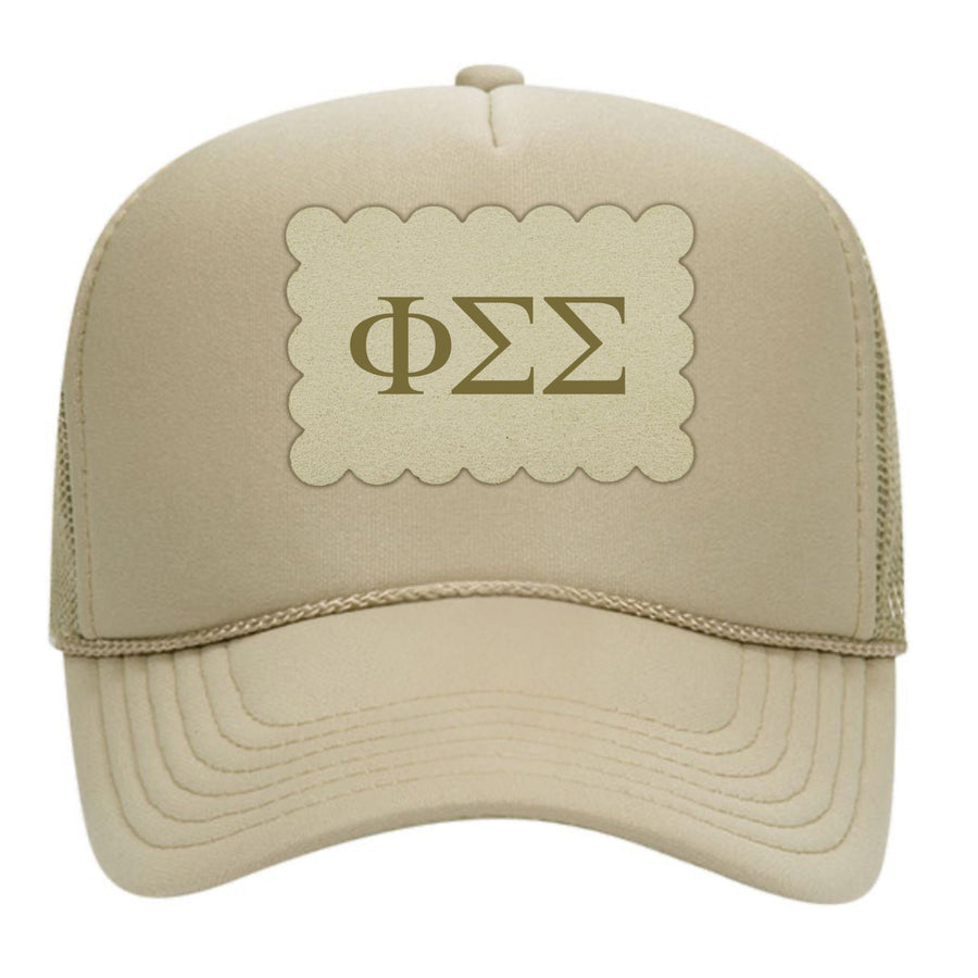 Sorority Trucker Hats with Scalloped Faux Suede Patch