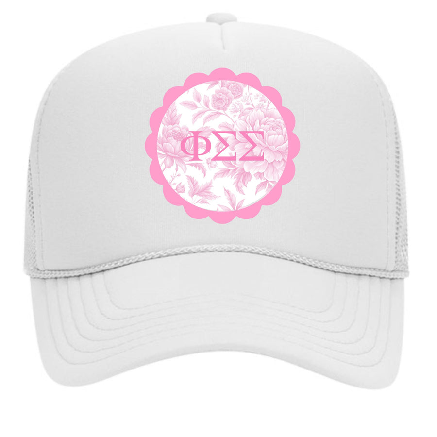 Sorority Greek Letter Hats with Scalloped Peony Design