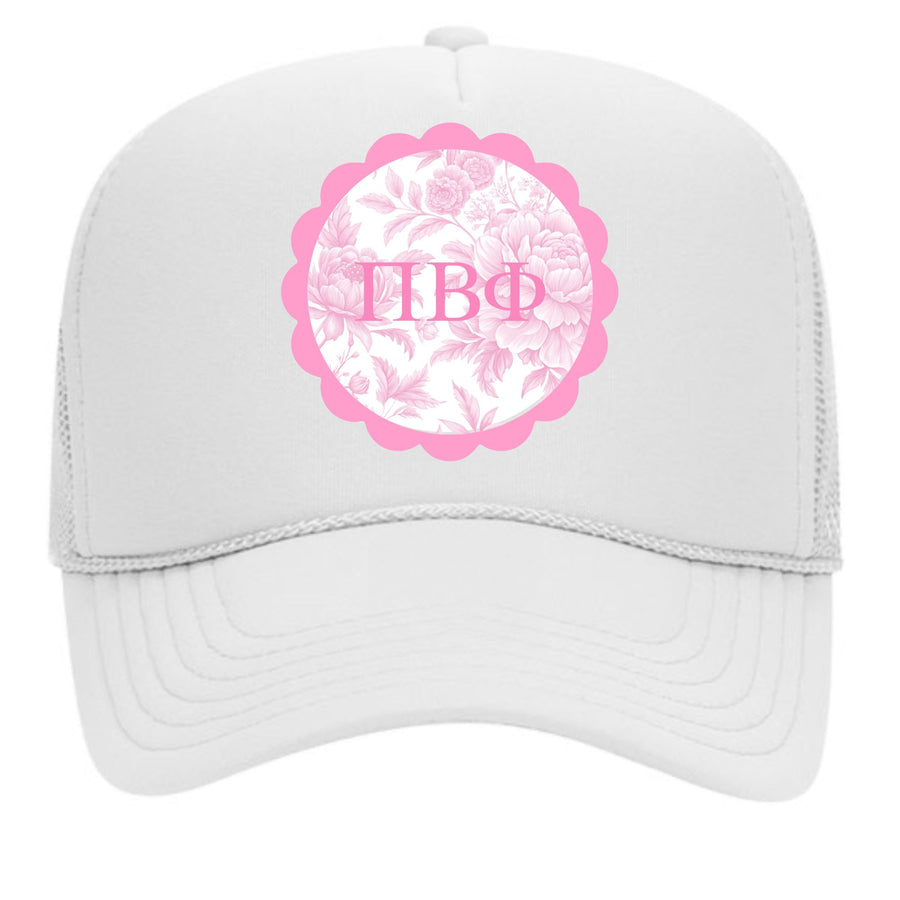 Pi Beta Phi Greek Letter Hats with Scalloped Peony Design