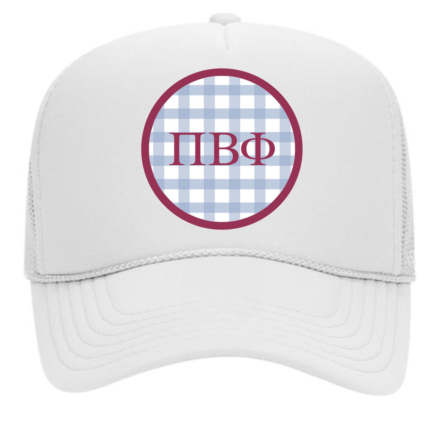 Pi Beta Phi & Sorority Mom Greek Letter Hats with Gingham Design in Sorority Colors