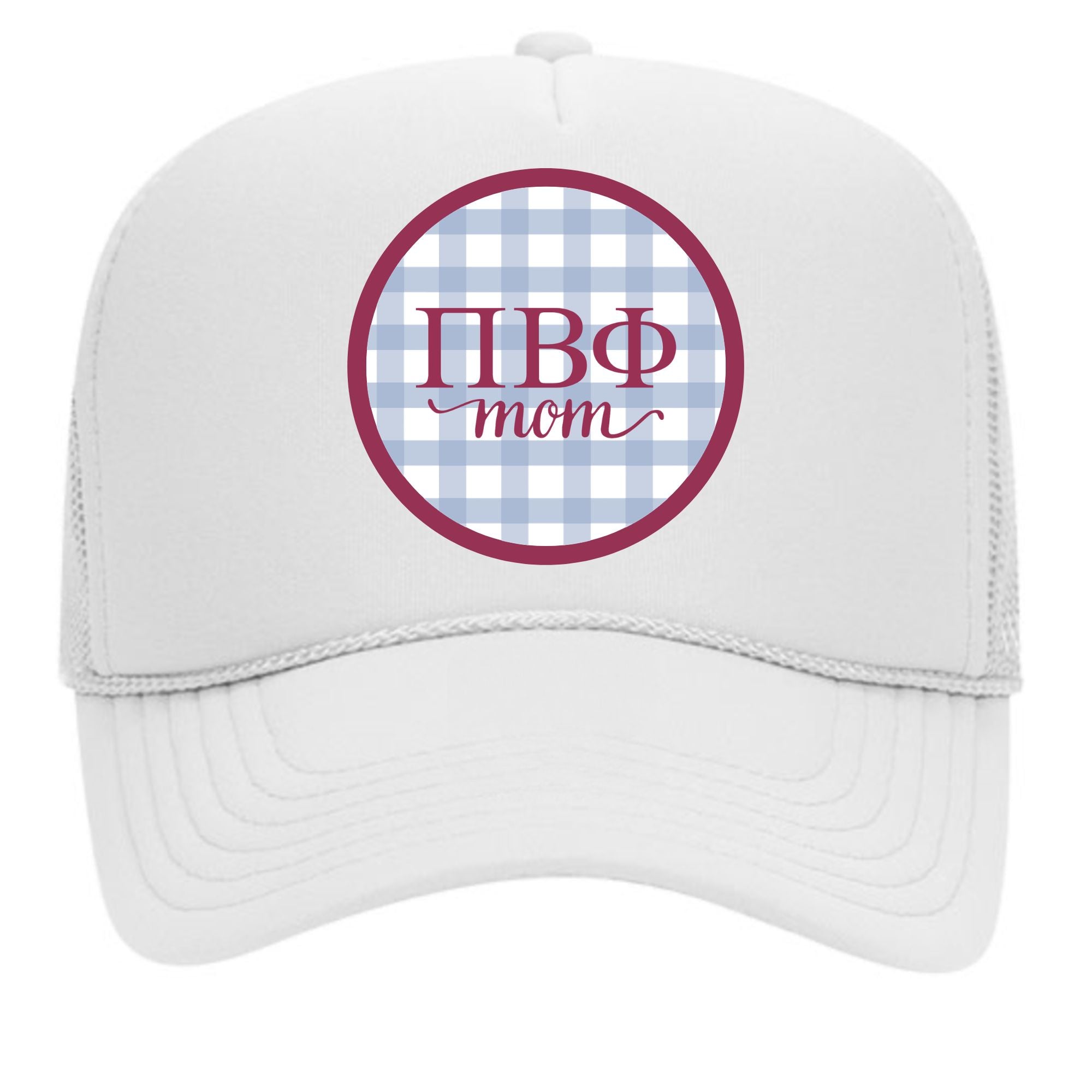 Pi Beta Phi & Sorority Mom Greek Letter Hats with Gingham Design in Sorority Colors