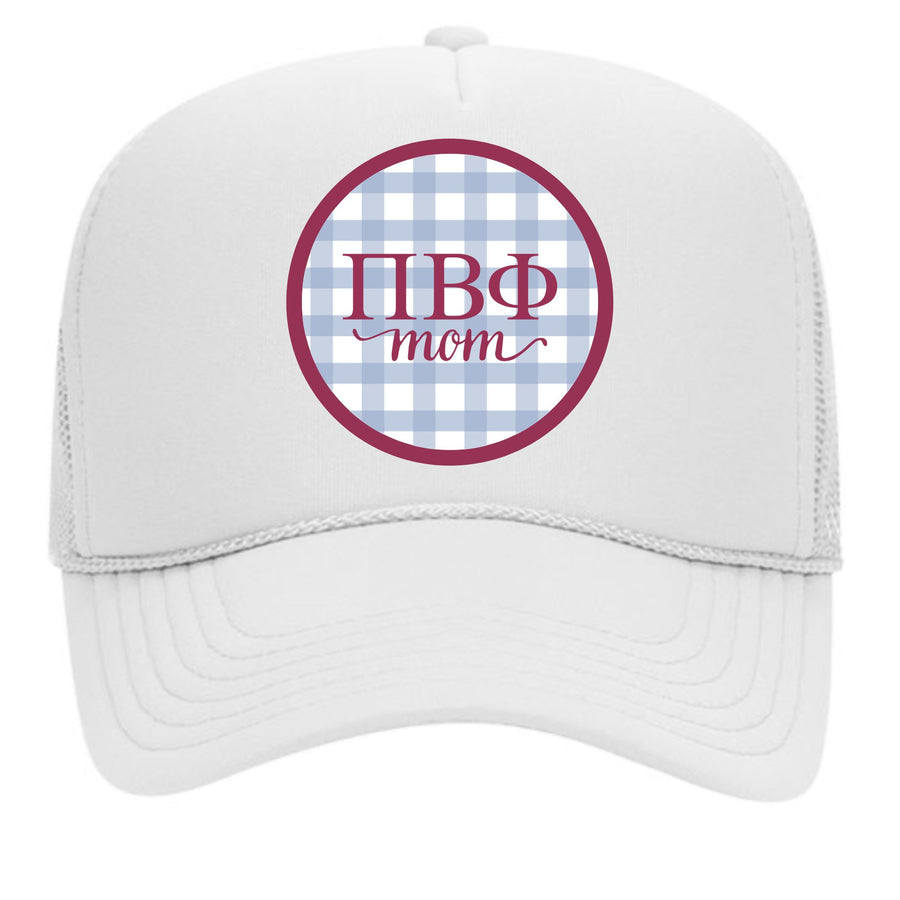 Pi Beta Phi & Sorority Mom Greek Letter Hats with Gingham Design in Sorority Colors