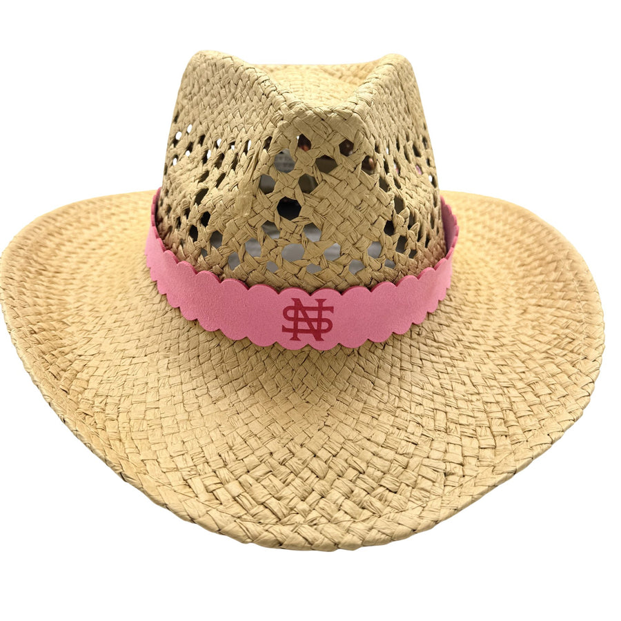 Personalized Engraved Faux Suede Scalloped Hat Band with Tie Scarf | Optional Straw Cowboy Hat