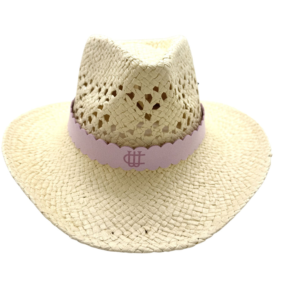 Personalized Engraved Faux Suede Scalloped Hat Band with Tie Scarf | Optional Straw Cowboy Hat