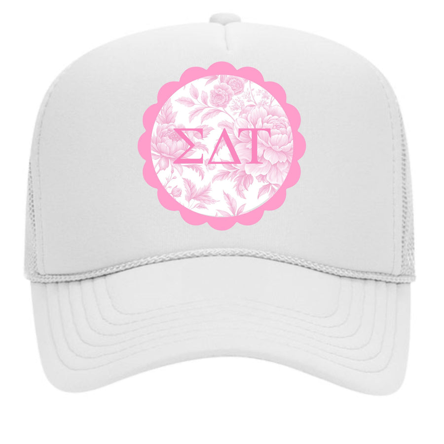 Sorority Greek Letter Hats with Scalloped Peony Design