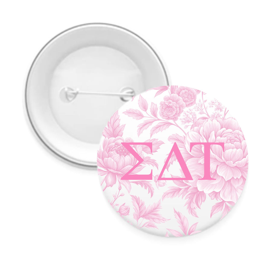 Sorority Pin Back Buttons with Peony Greek Letter Design