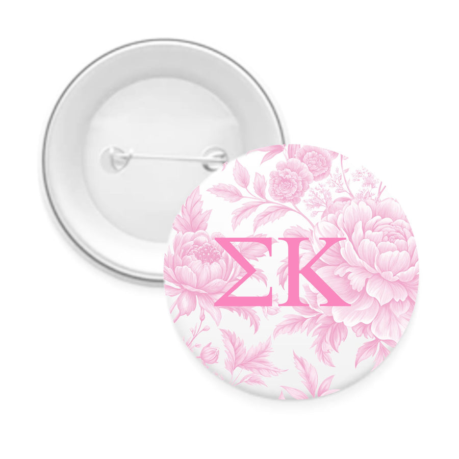 Sorority Pin Back Buttons with Peony Greek Letter Design