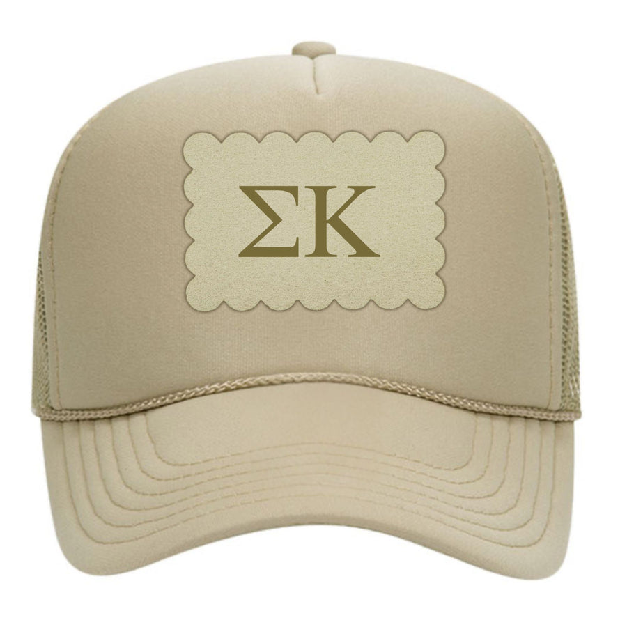 Sorority Trucker Hats with Scalloped Faux Suede Patch