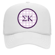 Delta Phi Epsilon Sorority & Sorority Mom Greek Letter Hats with Gingham Design in Sorority Colors