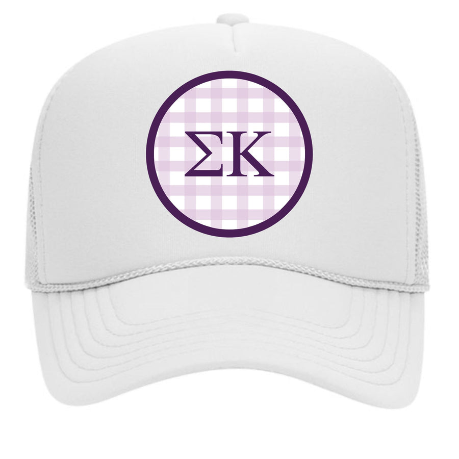 Delta Phi Epsilon Sorority & Sorority Mom Greek Letter Hats with Gingham Design in Sorority Colors