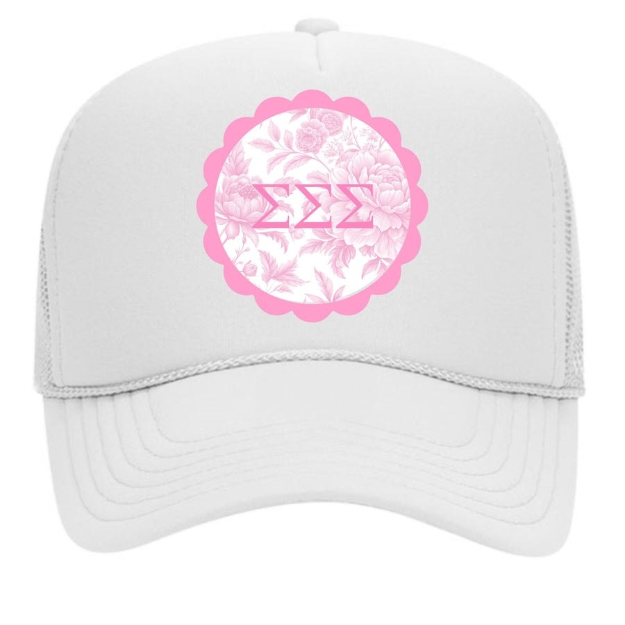 Alpha Omicron Pi Sorority Greek Letter Hats with Scalloped Peony Design