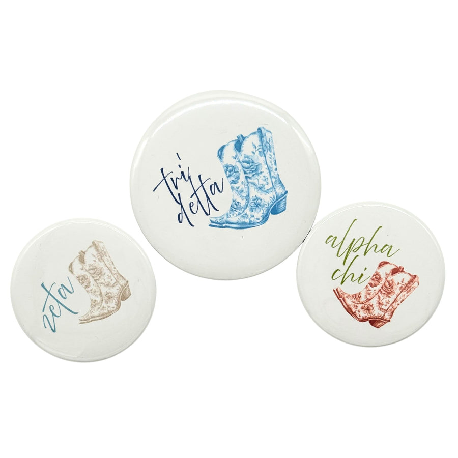 Sorority Pin-back Buttons - Toile Cowboy Boot with Greek Script
