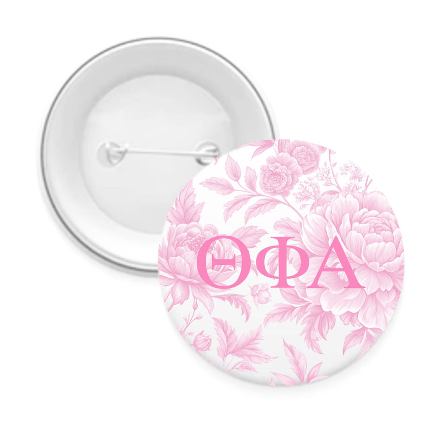 Sorority Pin Back Buttons with Peony Greek Letter Design