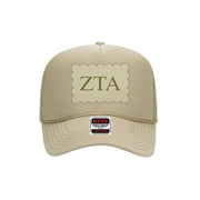 Sorority trucker hat with scalloped faux suede Greek letter patch