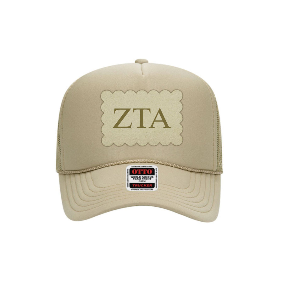 Sorority trucker hat with scalloped faux suede Greek letter patch
