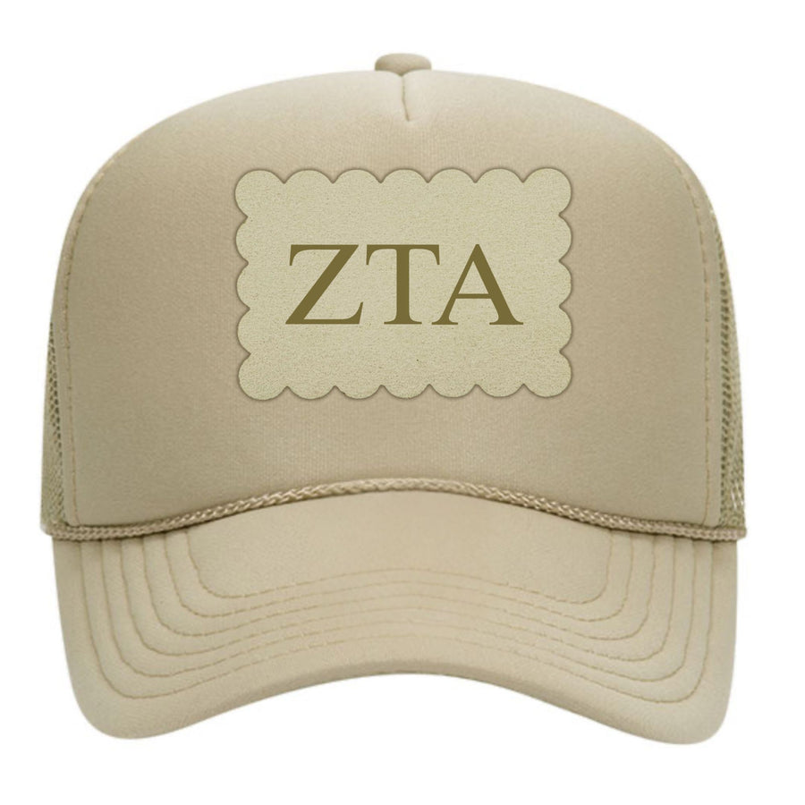 Sorority Trucker Hats with Scalloped Faux Suede Patch
